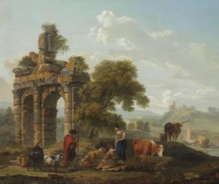 Marc Antoine Michel Hamon Duplessis - Herders And Their Cows Resting Before Classical Ruins