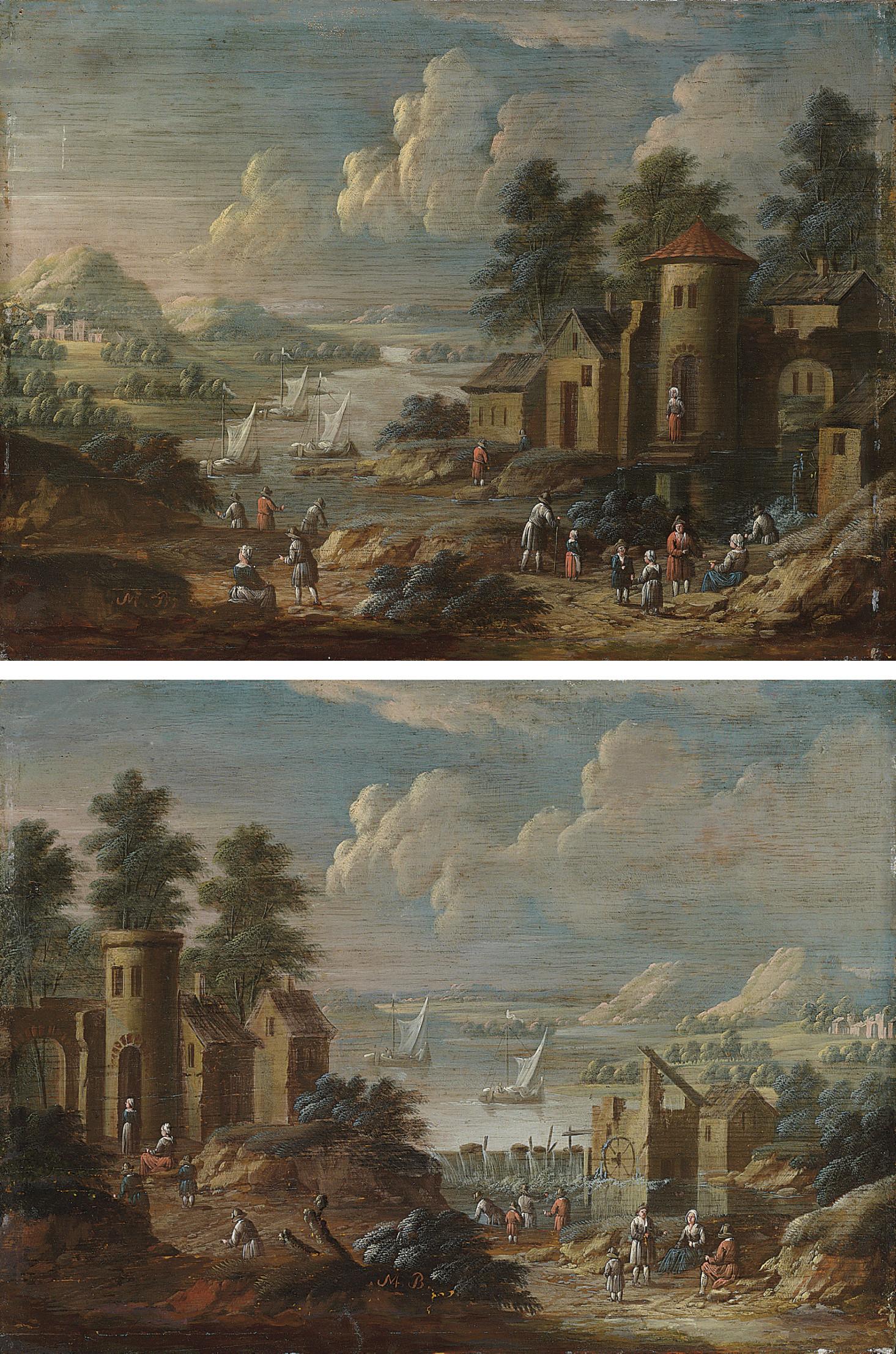 Marc Baets - A river landscape with a tower and a watermill; and A river landscape with a village