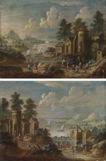 Marc Baets - A river landscape with a tower and a watermill; and A river landscape with a village
