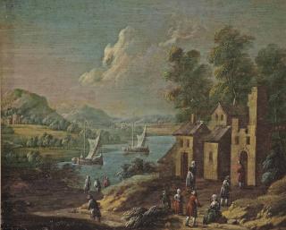 Marc Baets - A river landscape with a village scene in the foreground