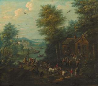 Marc Baets - A river landscape with peasants unloading cargo from a sailing vessel, a village beyond
