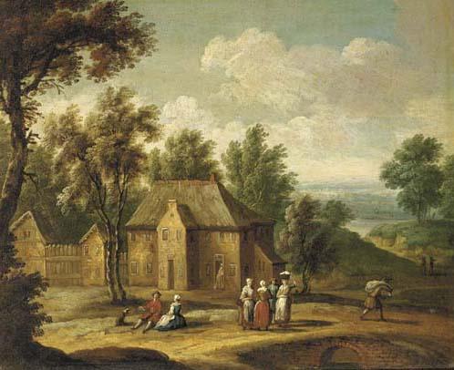 Marc Baets - A wooded landscape, with figures on a bridge before a farmstead