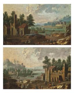 Marc Baets - A wooded river landscape with peasants on a track and fishing vessels, ruins beyond; and A wooded river landscape with peasants before a fortified city, fishing vessels, and a village beyond