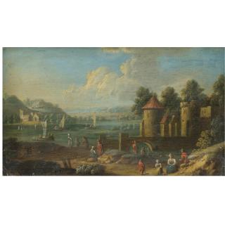 Marc Baets - An Extensive River Landscape With Figures Resting By A Fortification In The Foreground