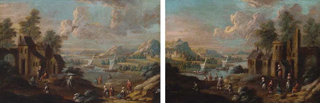 Marc Baets - Villagers on a track in a river landscape