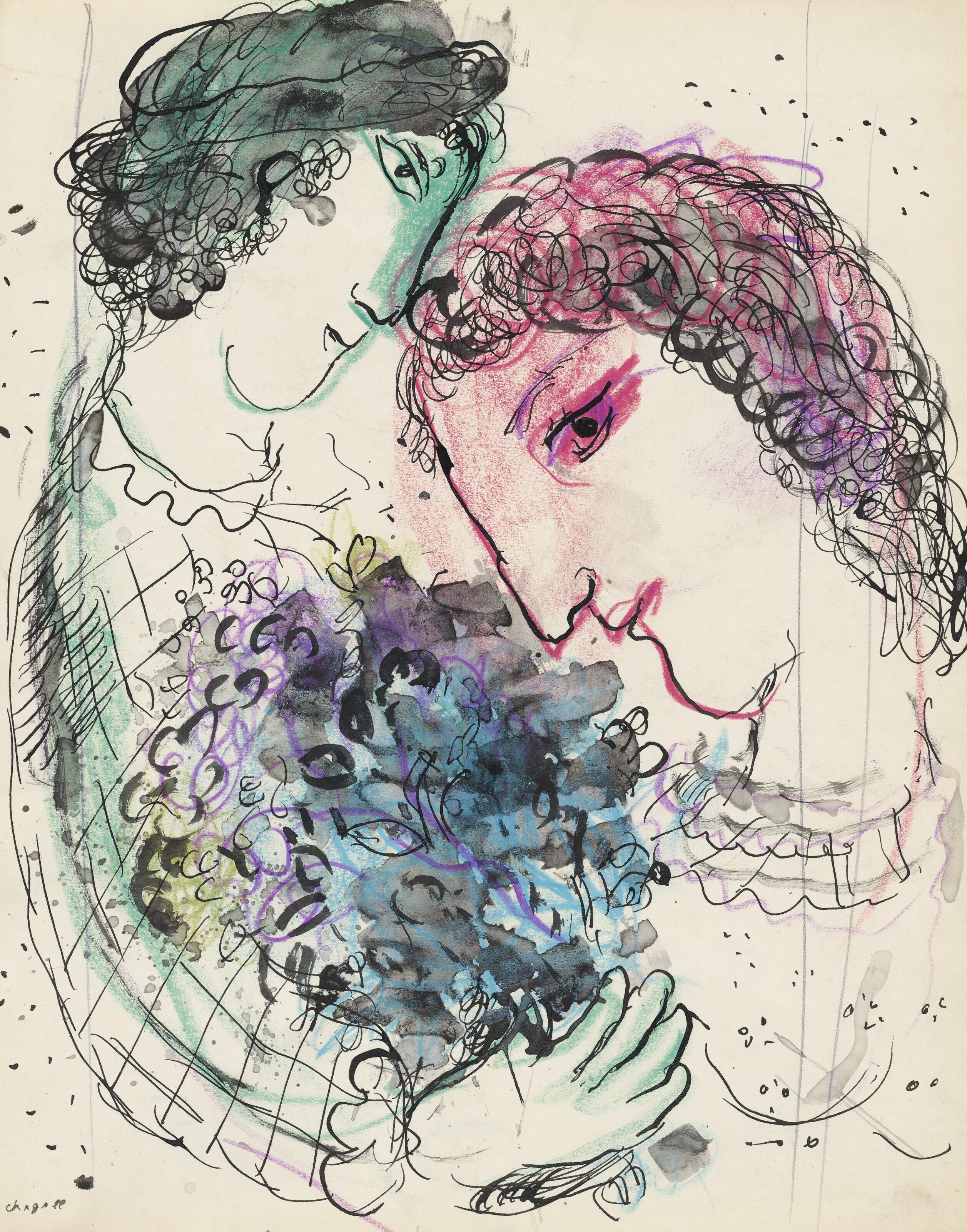 Marc Chagall - Amoureux aux profils vert et rose