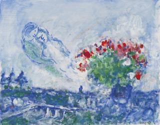 Marc Chagall - Amoureux et bouquet dans le ciel
