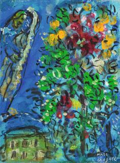Marc Chagall - Arbre Fleuri Et Maison Verte Sur Fond Bleu