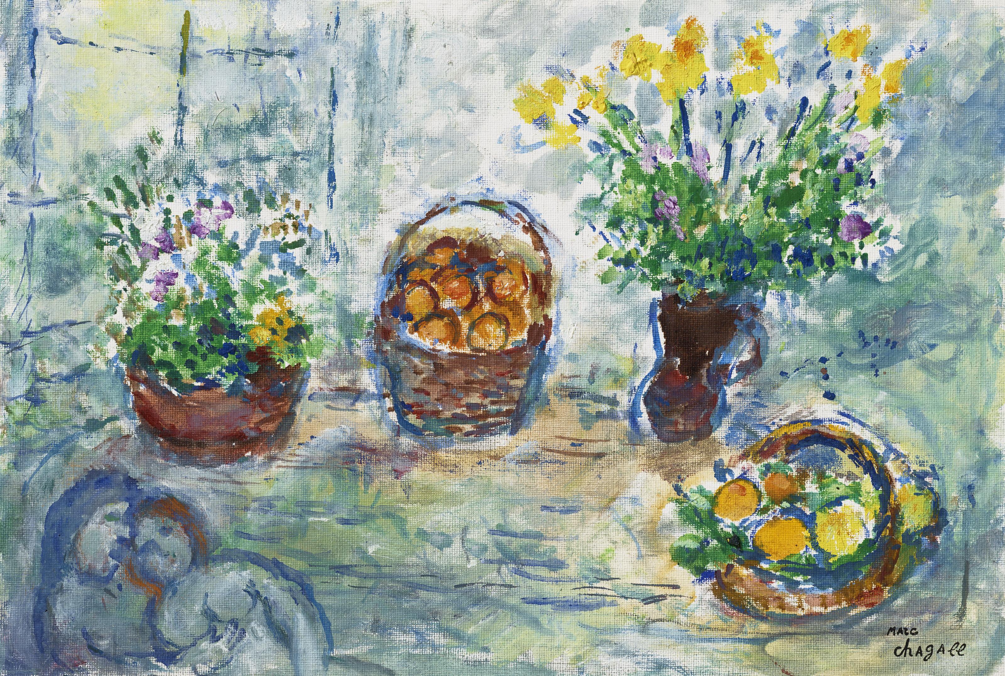 Marc Chagall - Fleurs et corbeilles de fruits sur la table