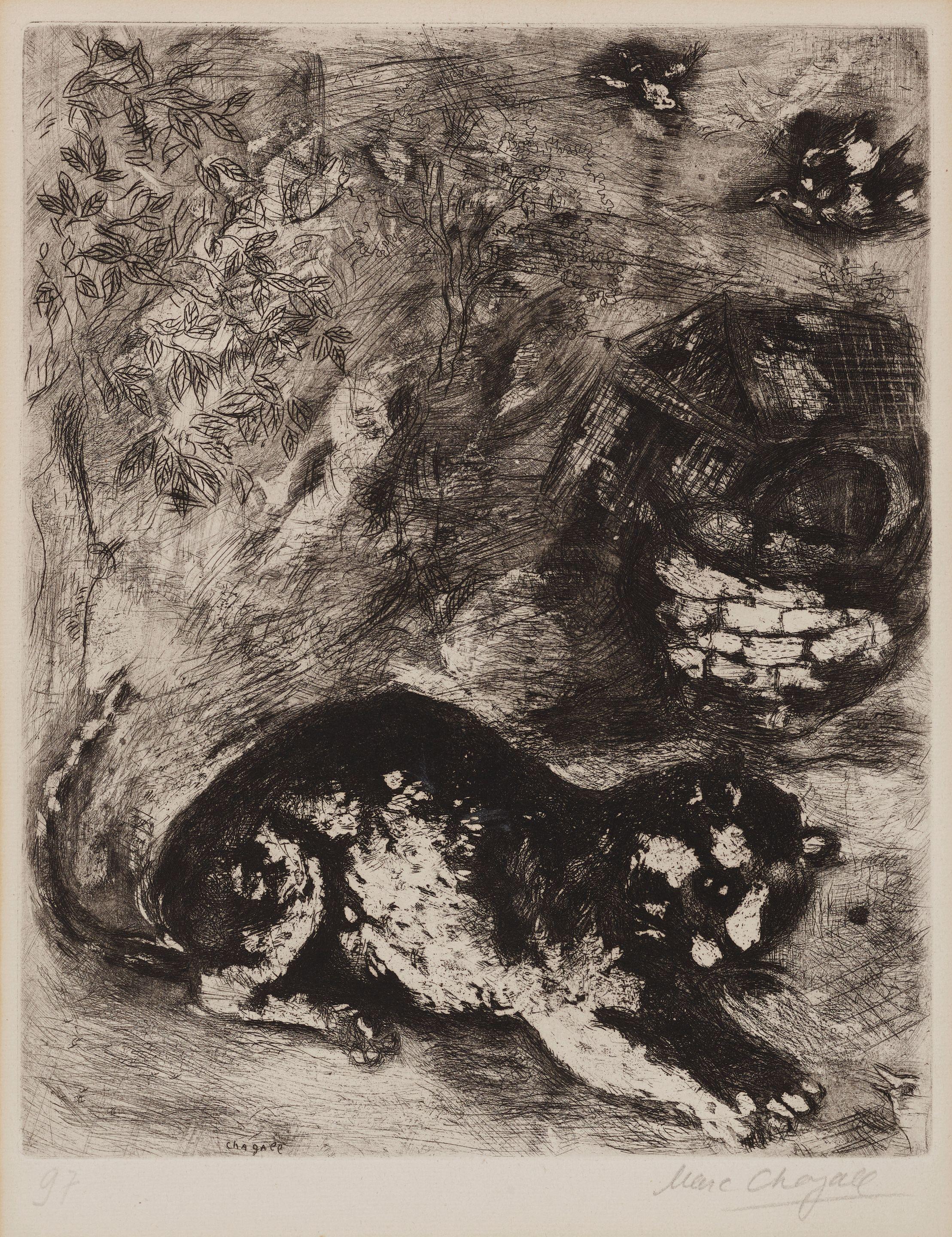 Marc Chagall - L\'acrobate au violon; Le chat et les deux moineaux, pl. 97, from Les Fables de la Fontaine 2