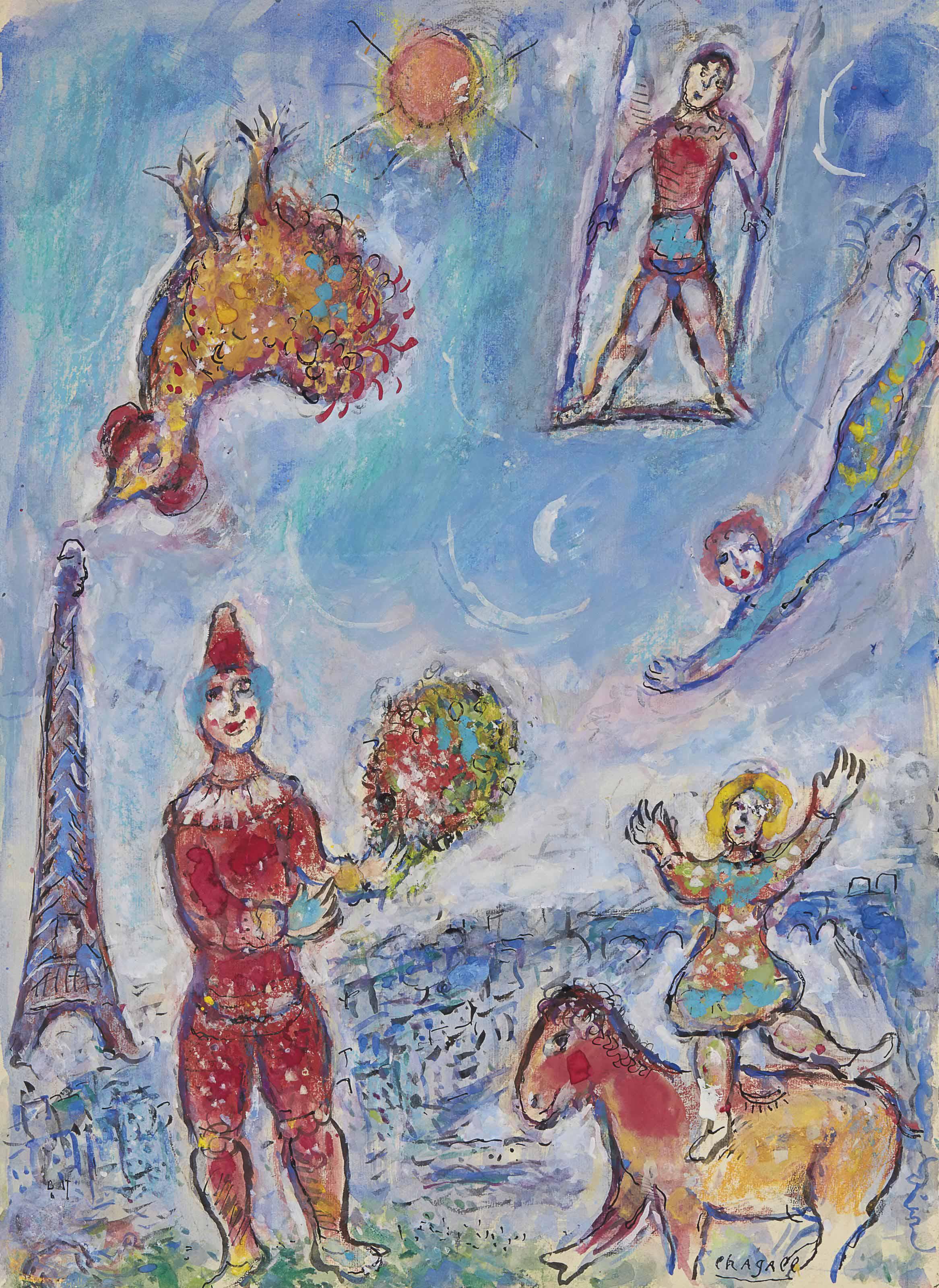 Marc Chagall - Le cirque dans le ciel bleu de Paris, esquisse