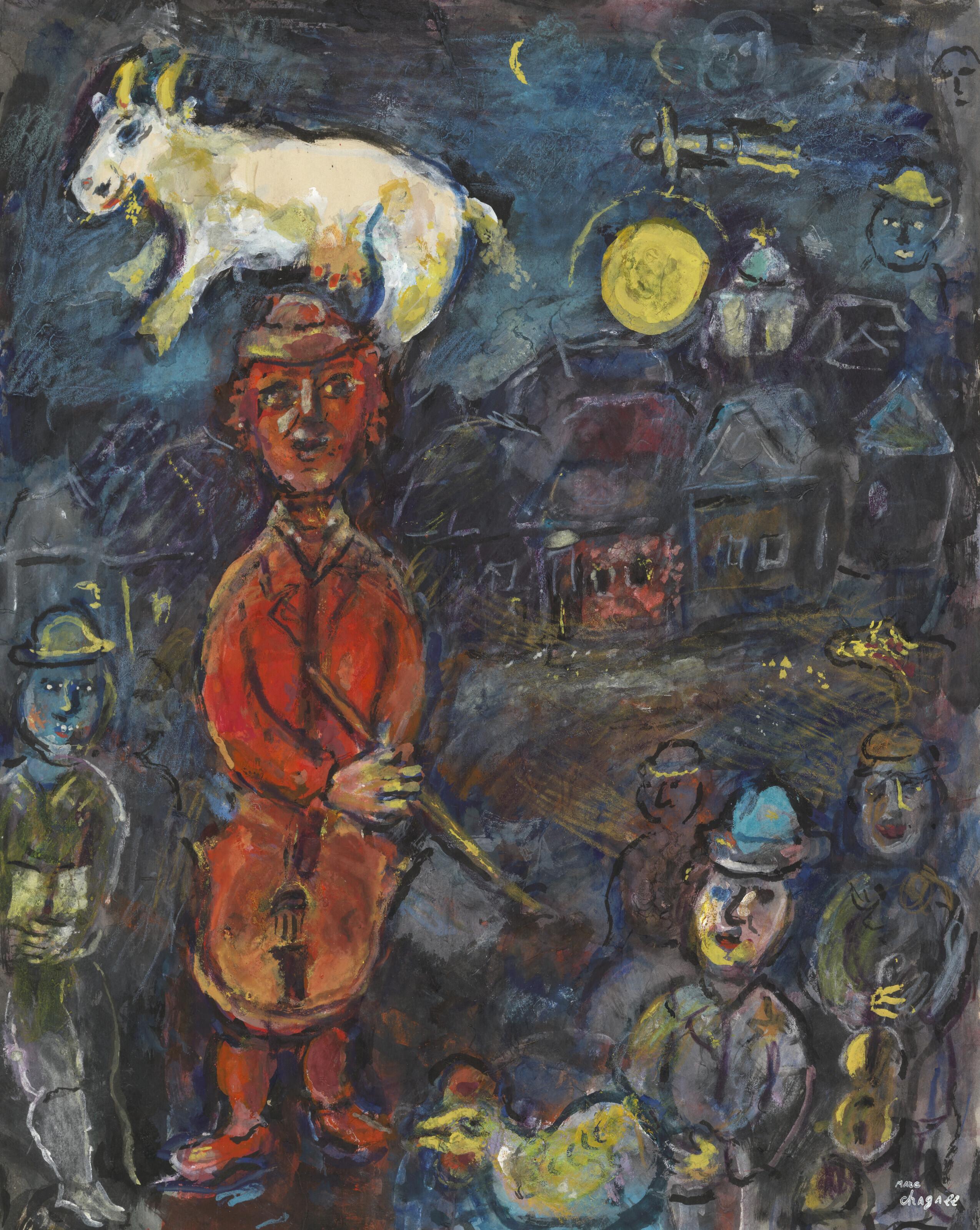 Marc Chagall - Violoncelliste rouge et bouc jaune dans le ciel sombre