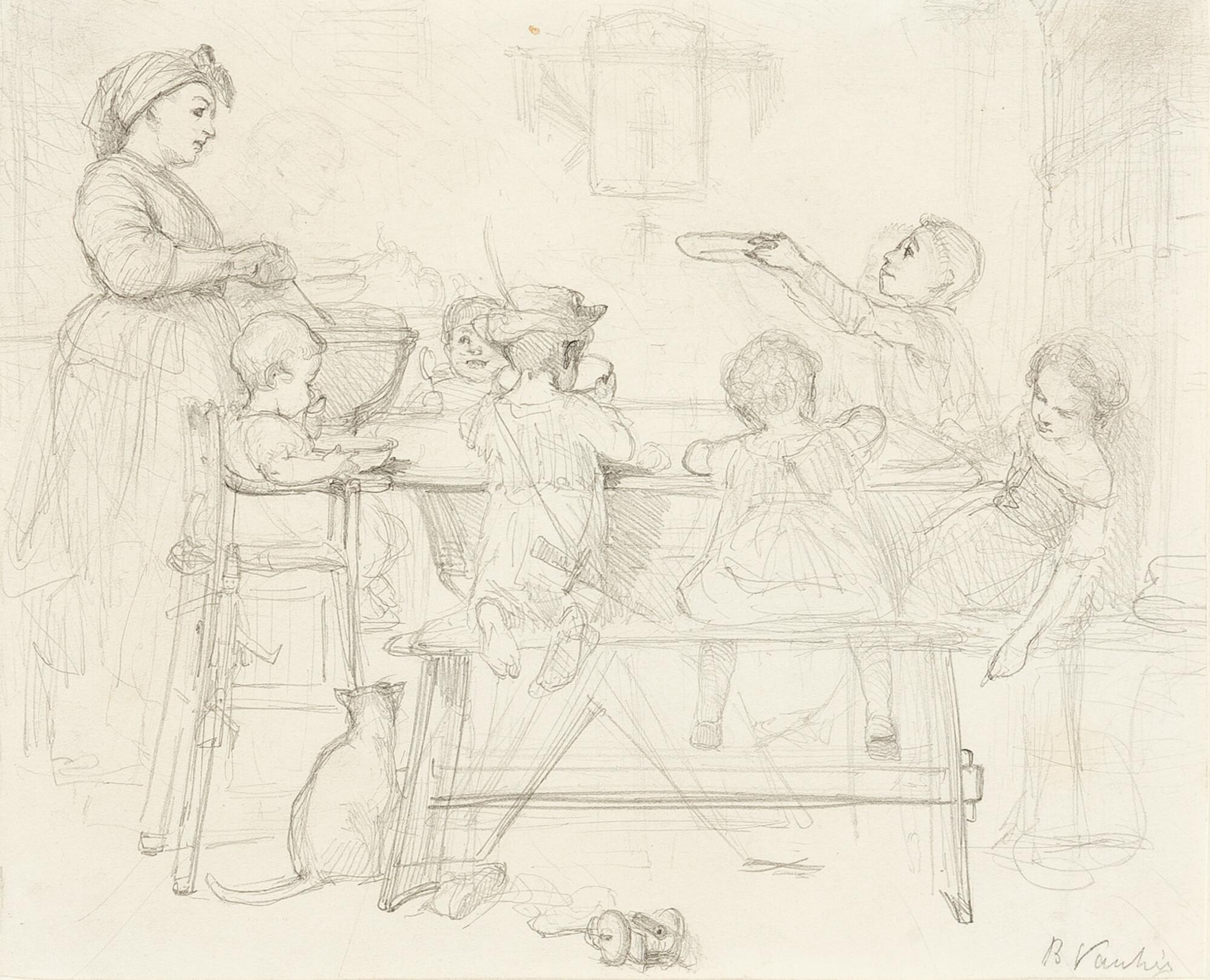 Marc Louis Benjamin Vautier - Am Mittagstisch. Verso: Hühnerstudien.