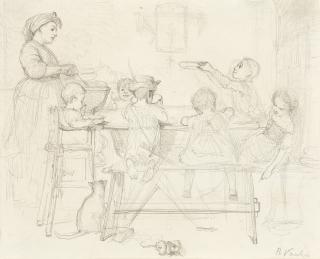 Marc Louis Benjamin Vautier - Am Mittagstisch. Verso: Hühnerstudien.