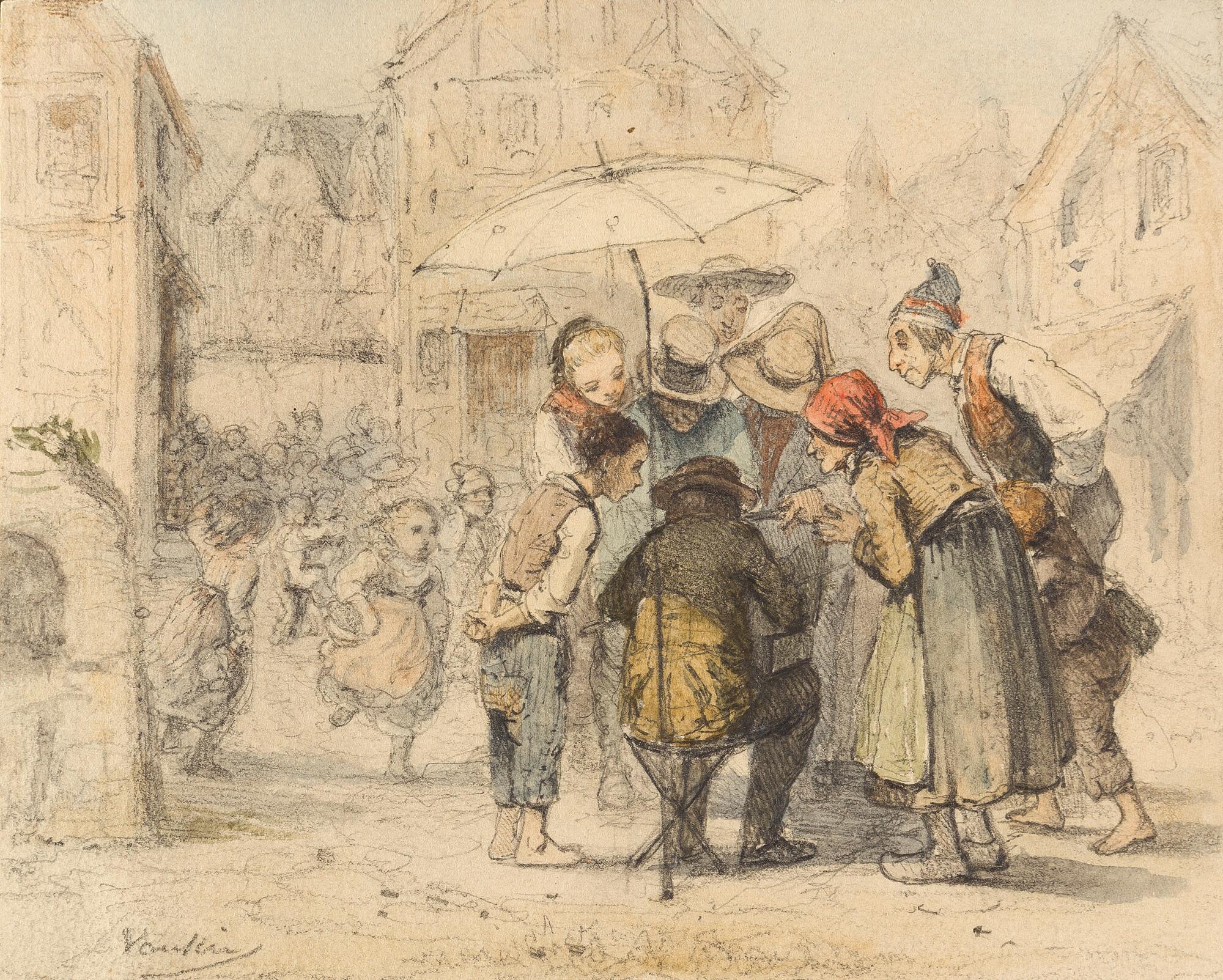 Marc Louis Benjamin Vautier - Ein Maler mit Staffelei und Sonnenschirm, umringt von Zuschauern.