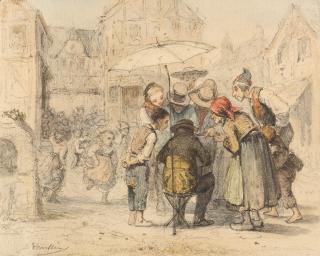 Marc Louis Benjamin Vautier - Ein Maler mit Staffelei und Sonnenschirm, umringt von Zuschauern.