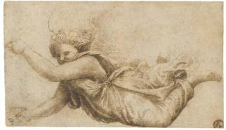 Marcantonio Raimondi - A flying angel, after Raphael (recto); A mountainous landscape with houses (verso)