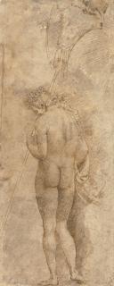 Marcantonio Raimondi - A standing male nude, seen from behind, holding a trophy standard