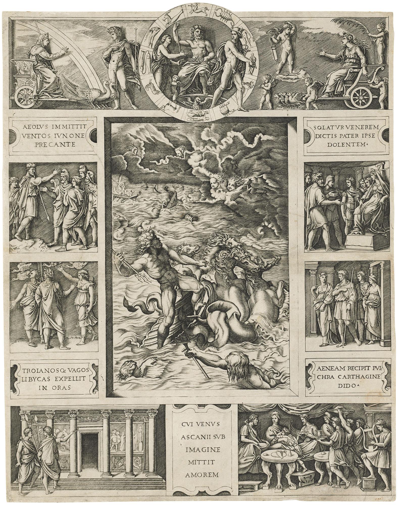 Marcantonio Raimondi - Neptune calming the Tempest which Aeolus raised against Aeneas Fleet (\'Quos Ego\')
