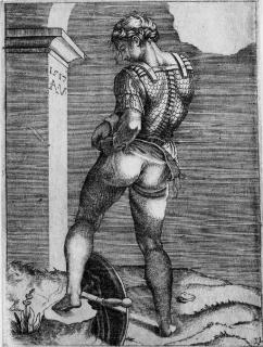 Marcantonio Raimondi - Soldier Attaching His Breeches To His Breastplate, After Michelangelo (?) (B. 463)