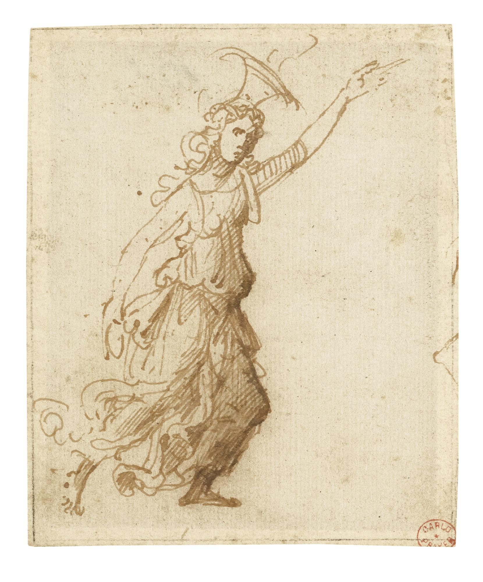 Marcantonio Raimondi - Study Of An Allegorical Female Figure, In A Tunic, Running To The Right