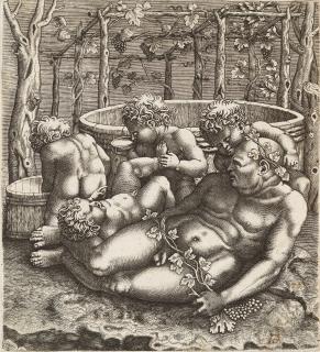Marcantonio Raimondi - Trunkener Silen von einem jungen Bacchanten gestützt.
