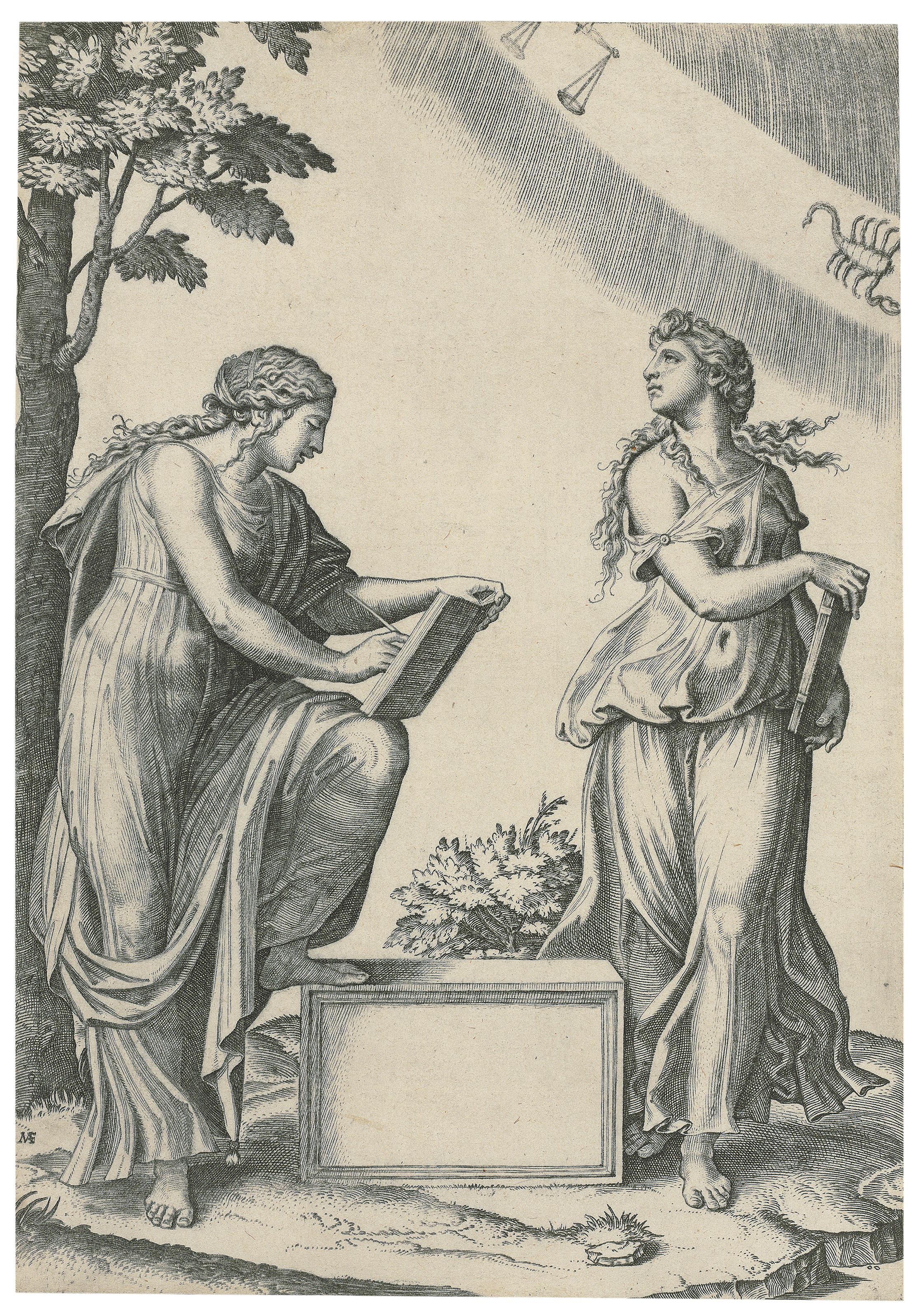 Marcantonio Raimondi - Two Women with the Zodiac