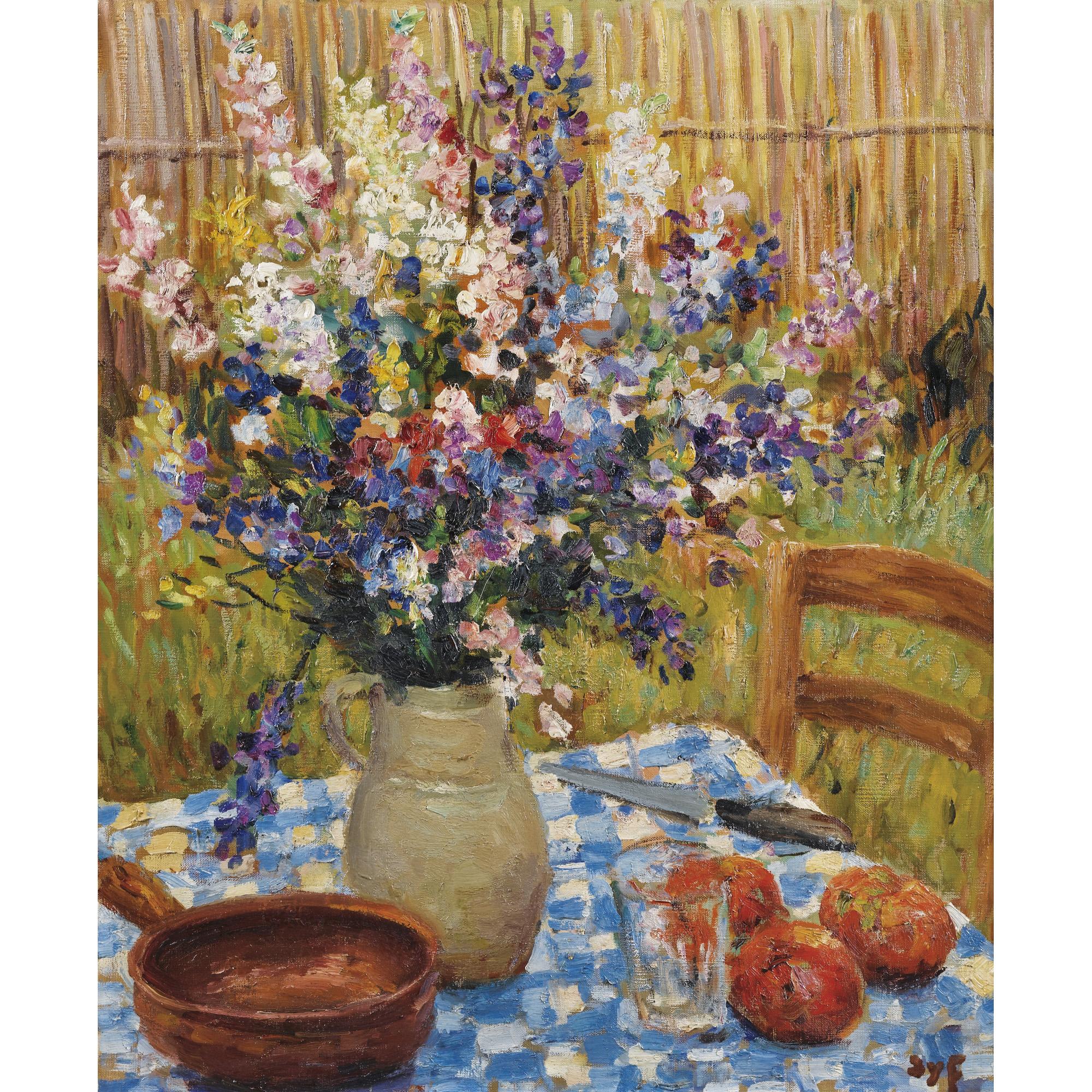Marcel Dreyfus - Vase De Fleurs Et Oranges Sur Une Nappe À Carreauxmarcel Dyf ; Vase Of Flowers And Oranges On A Squared Table-Cloth ; Signed Lower Right ; Oil On Canvas