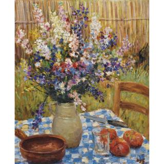 Marcel Dreyfus - Vase De Fleurs Et Oranges Sur Une Nappe À Carreauxmarcel Dyf ; Vase Of Flowers And Oranges On A Squared Table-Cloth ; Signed Lower Right ; Oil On Canvas