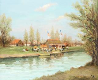 Marcel Dyf - Guinguette au bord de la rivière, Ile de France
