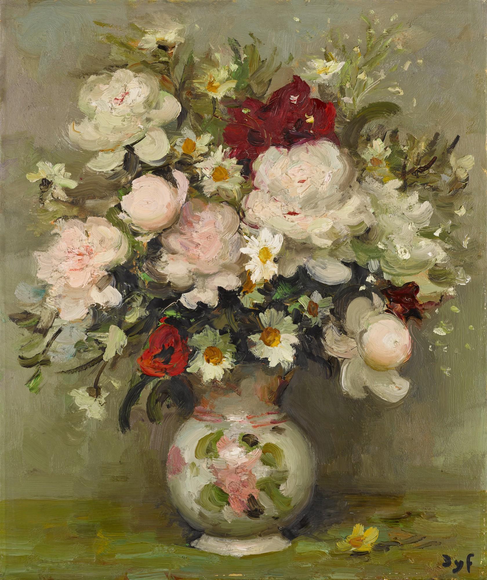 Marcel Dyf - Pivoines et fleurs variées au vase rose