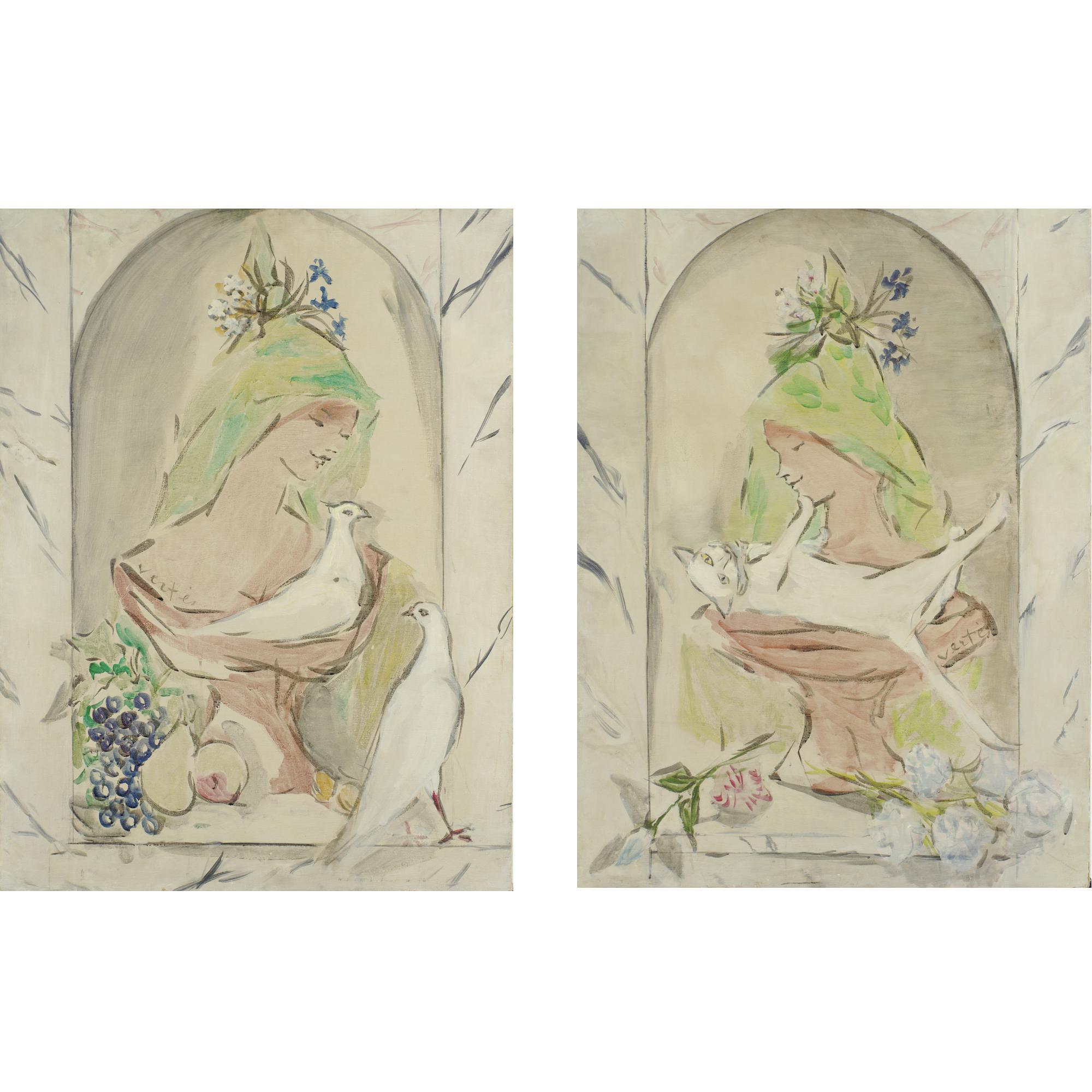 Marcel Vertès - Bust Of A Woman With Doves; Bust Of A Woman With Cat: A Pair Of Paintings