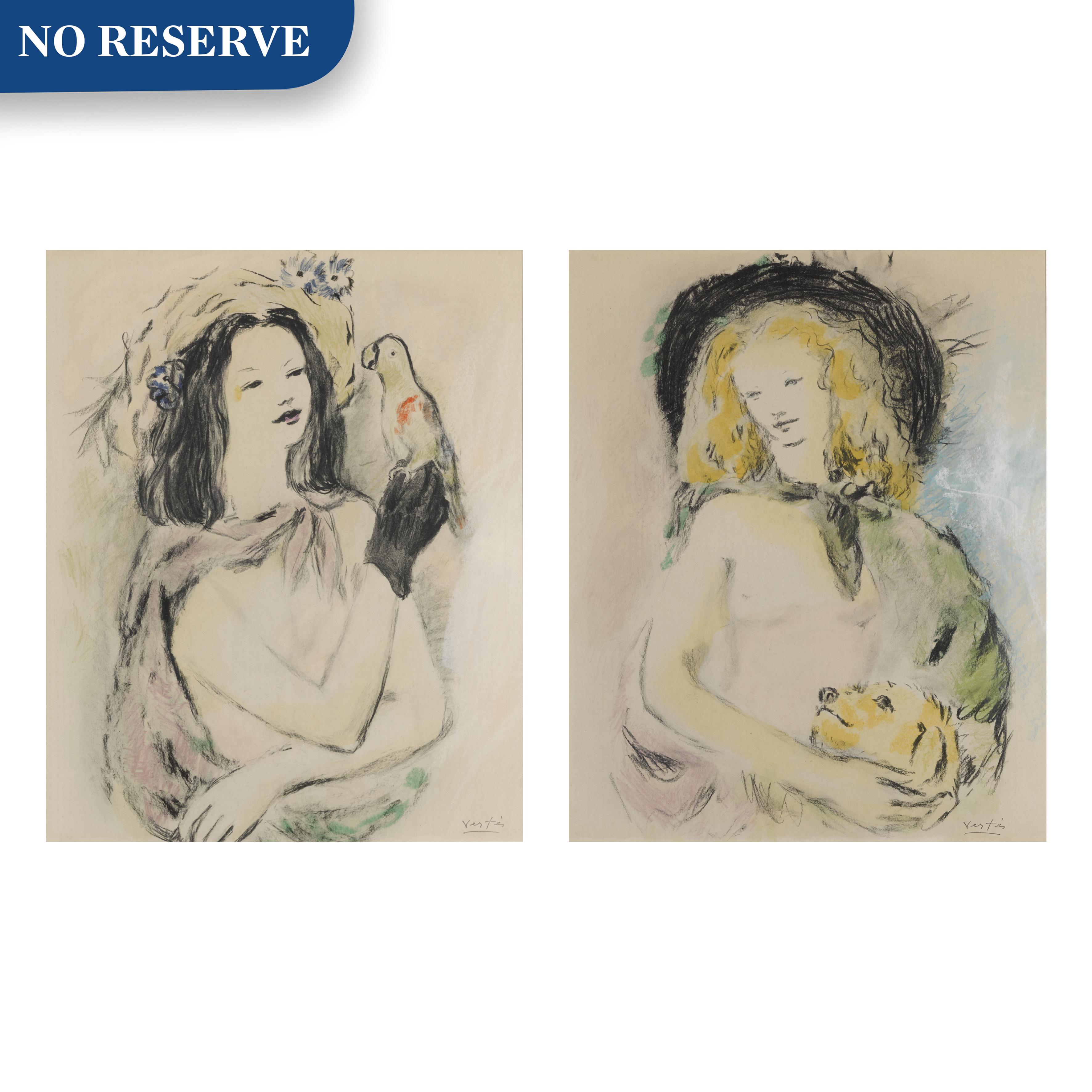 Marcel Vertès - Jeune Fille Avec Perroquet (I) & Jeune Fille Avec Chien (Ii)(A Pair Of Works)