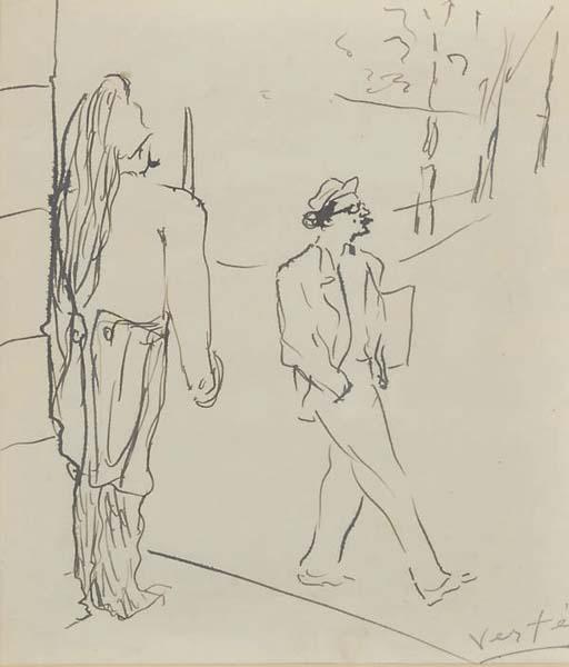 Marcel Vertes - Study Of A Sleeping Female Nude; A Gentleman Strolling In Front Of A Guard