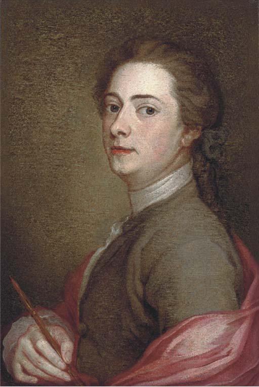 Marcellus Laroon - Portrait of James Macardell (1729-1765), bust-length, in a brown jacket and red cloak, holding a porte-crayon in his right hand