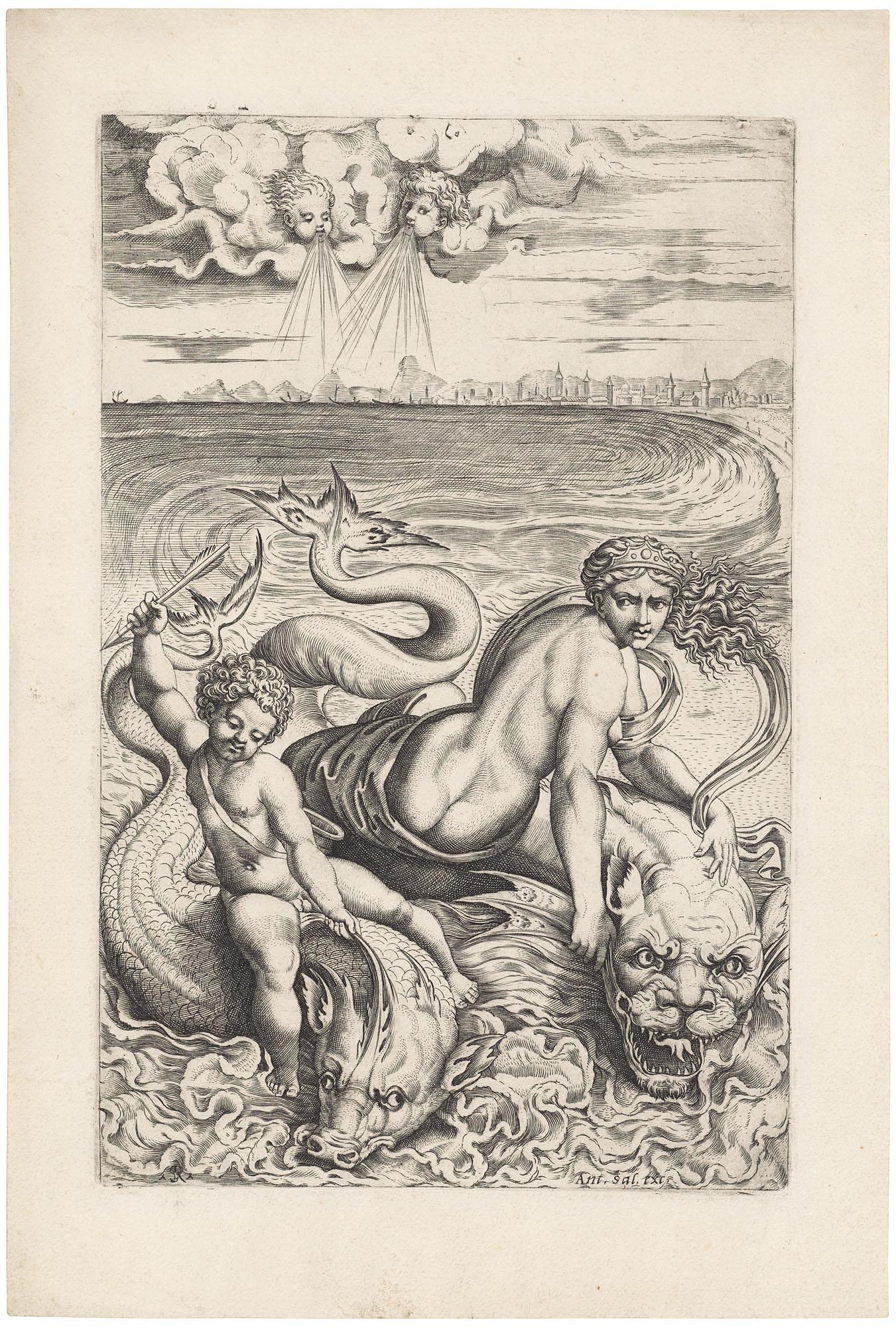 Marco Dente, Called Marco Da Ravenna - Venus and Cupid on Dolphins