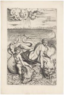 Marco Dente, Called Marco Da Ravenna - Venus and Cupid on Dolphins