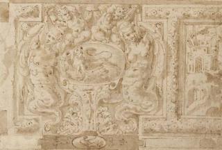 Marco Marchetti - Etude pour une décoration murale: Harpies et putti flanquant un médaillon avec un lion, un paysage sur la droite