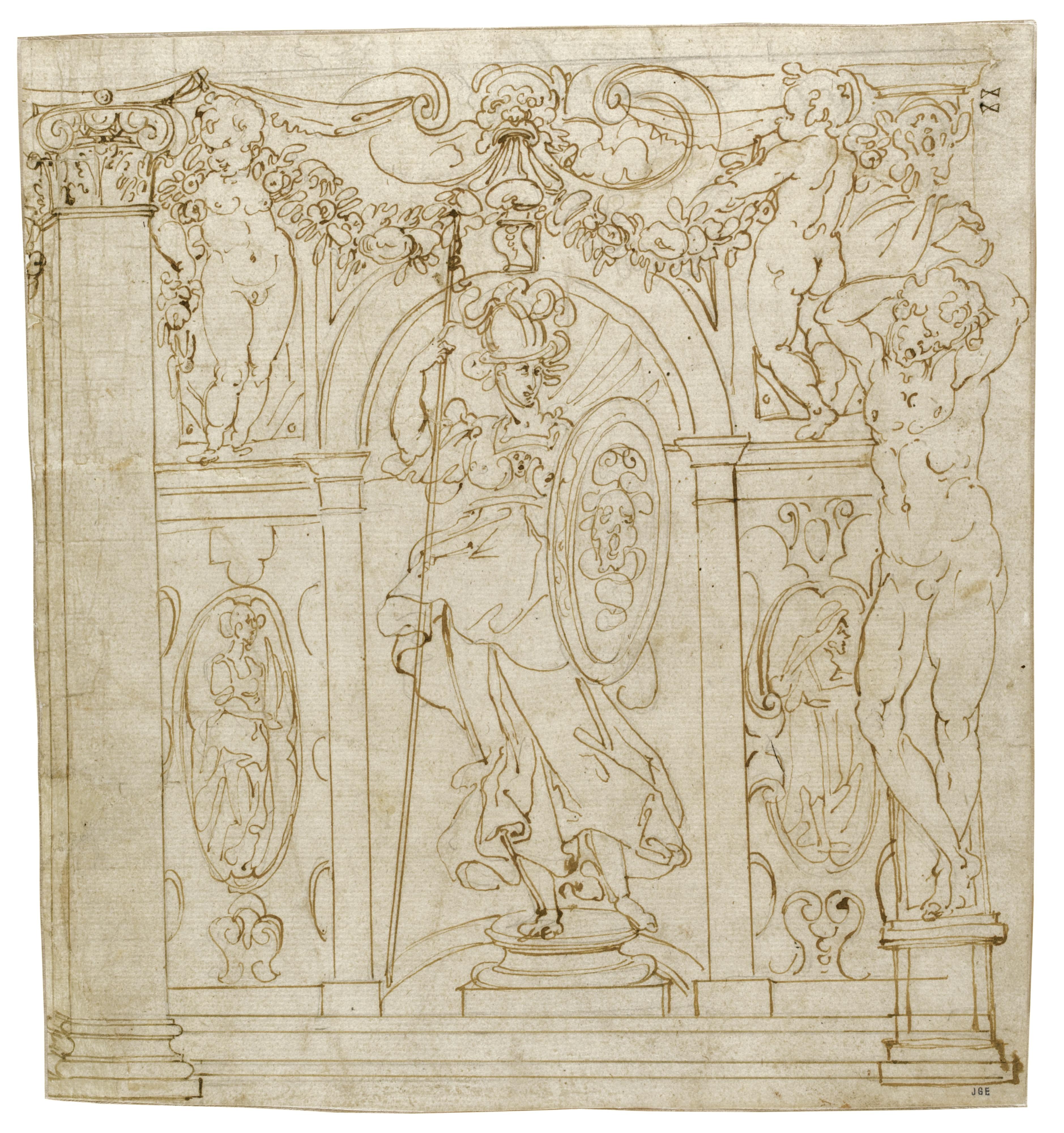 Marco Marchetti - Minerva In A Niche, Flanked By Putti And A Caryatid