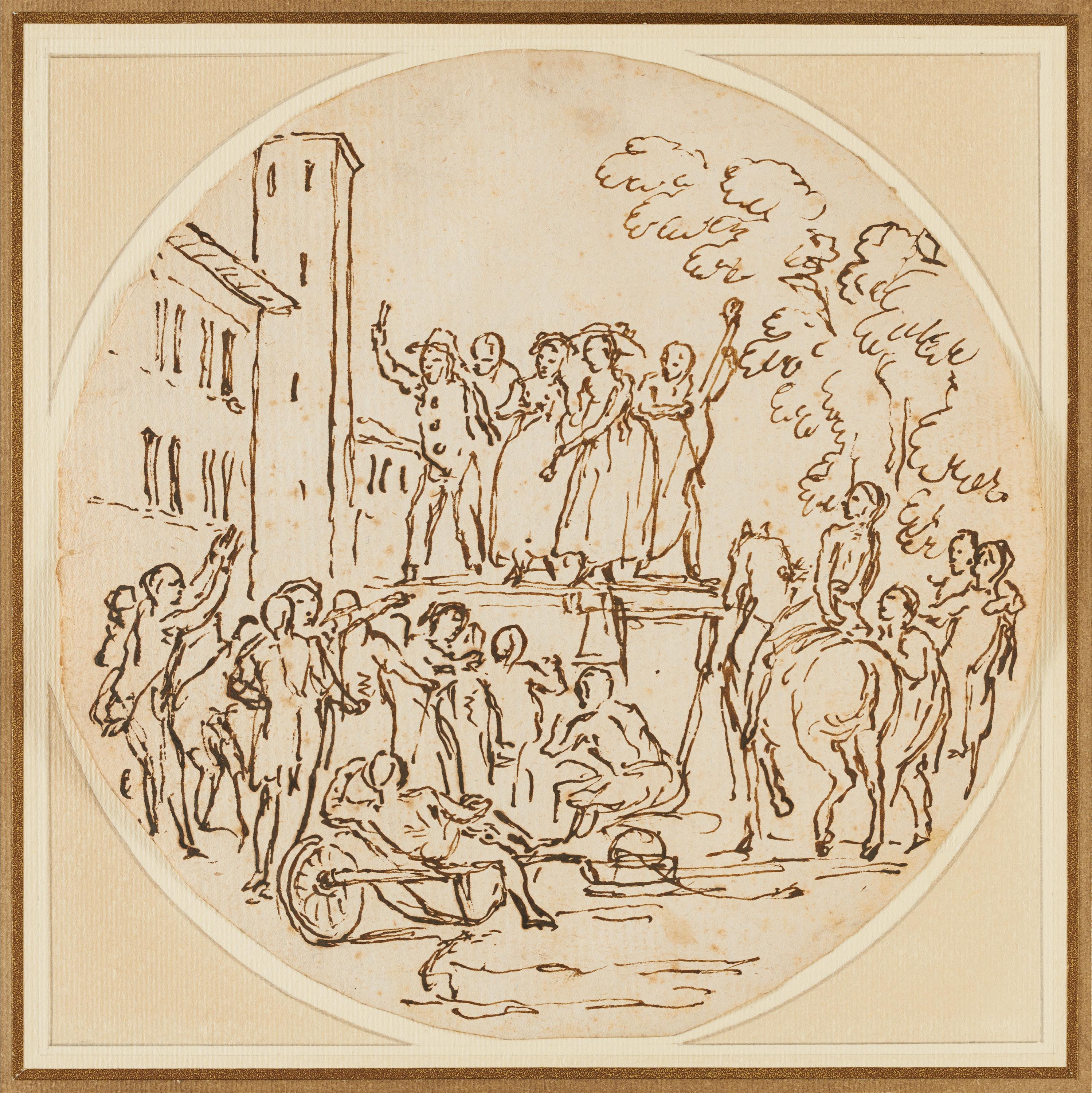 Marco Marcola - Zwei Zeichnungen: Pferderennen und Konzert im Freien.