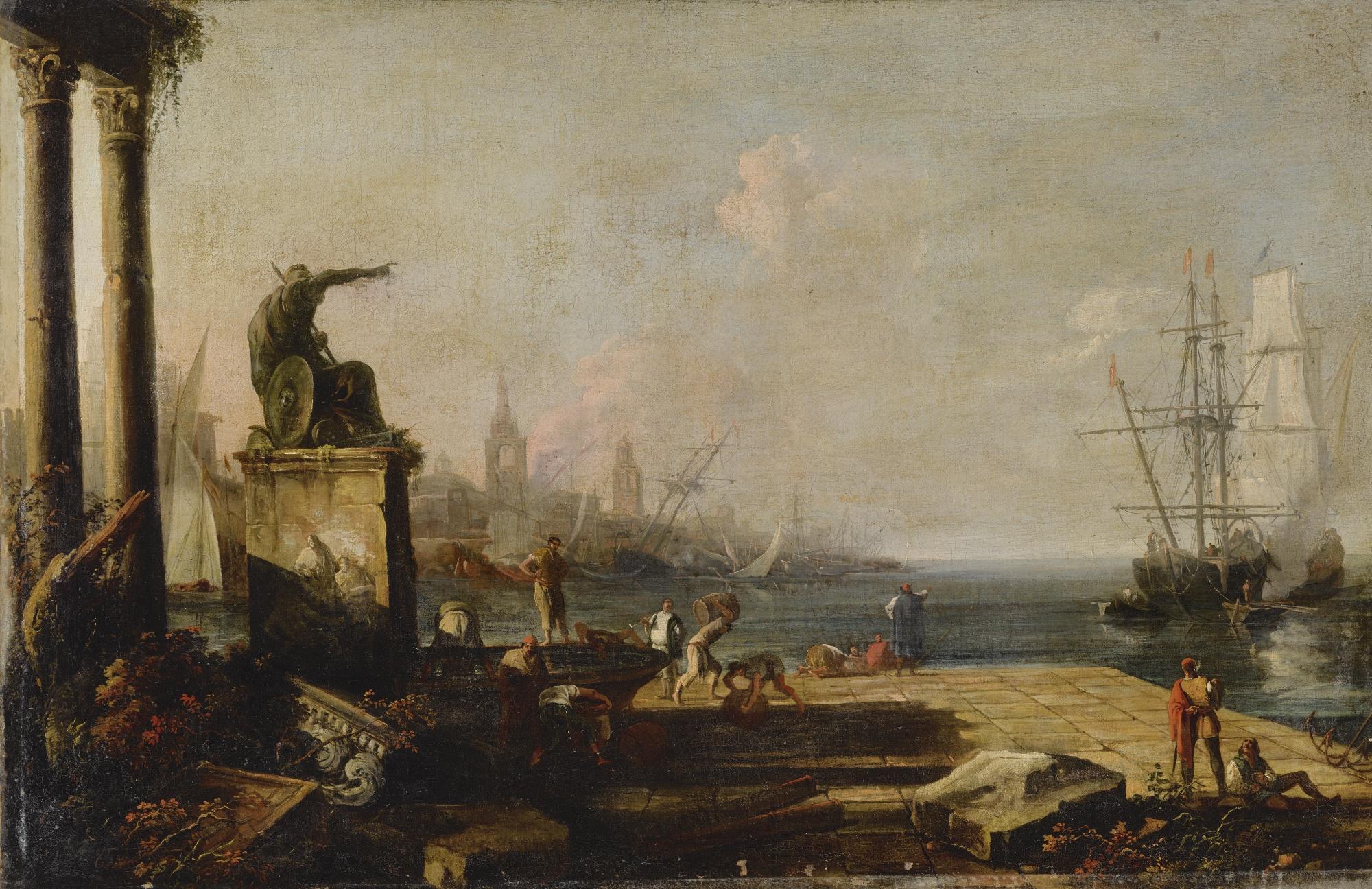Marco Ricci - A Capriccio Of A Harbor At Dawn, With Fisherman Working In The Foreground, A Statue And Ruins To The Left, And A Cityscape Beyond