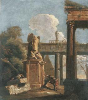 Marco Ricci - A capriccio of Roman ruins with soldiers beside the Statue of Marius