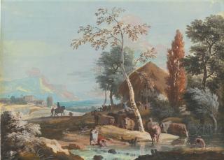 Marco Ricci - A Landscape With Washerwomen And A Man Bathing On A River Near A Thatched Cottage