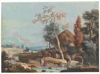 Marco Ricci - A Landscape With Washerwomen And A Man Bathing On A River Near A Thatched Cottage
