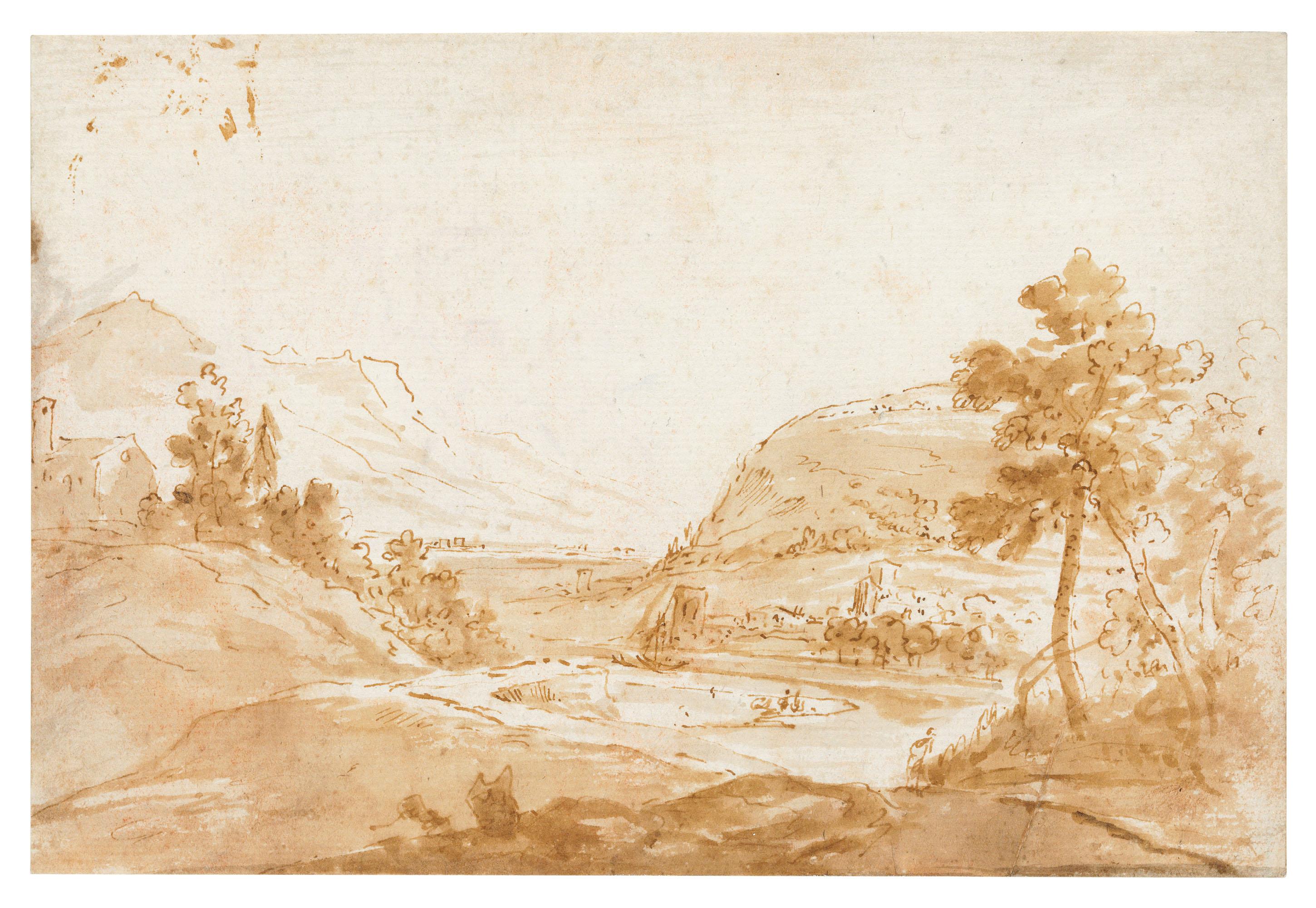 Marco Ricci - A mountain river landscape, a church to the left