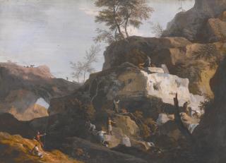 Marco Ricci - A Rocky Landscape With Stone Masons Working In A Quarry, A Shepherd And His Flock In The Distance