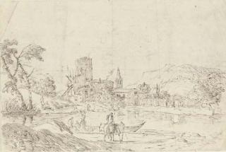 Marco Ricci - A town by a river with fishermen and boatmen