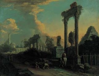 Marco Ricci - A traveller and peasants by a fountain amongst Roman ruins