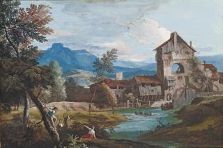Marco Ricci - A watermill in an extensive mountainous landscape, with peasants climbing trees in the foreground