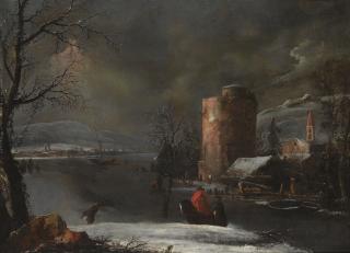 Marco Ricci - A Winter Landscape With A Town Beside A Frozen River And Figures On Horseback